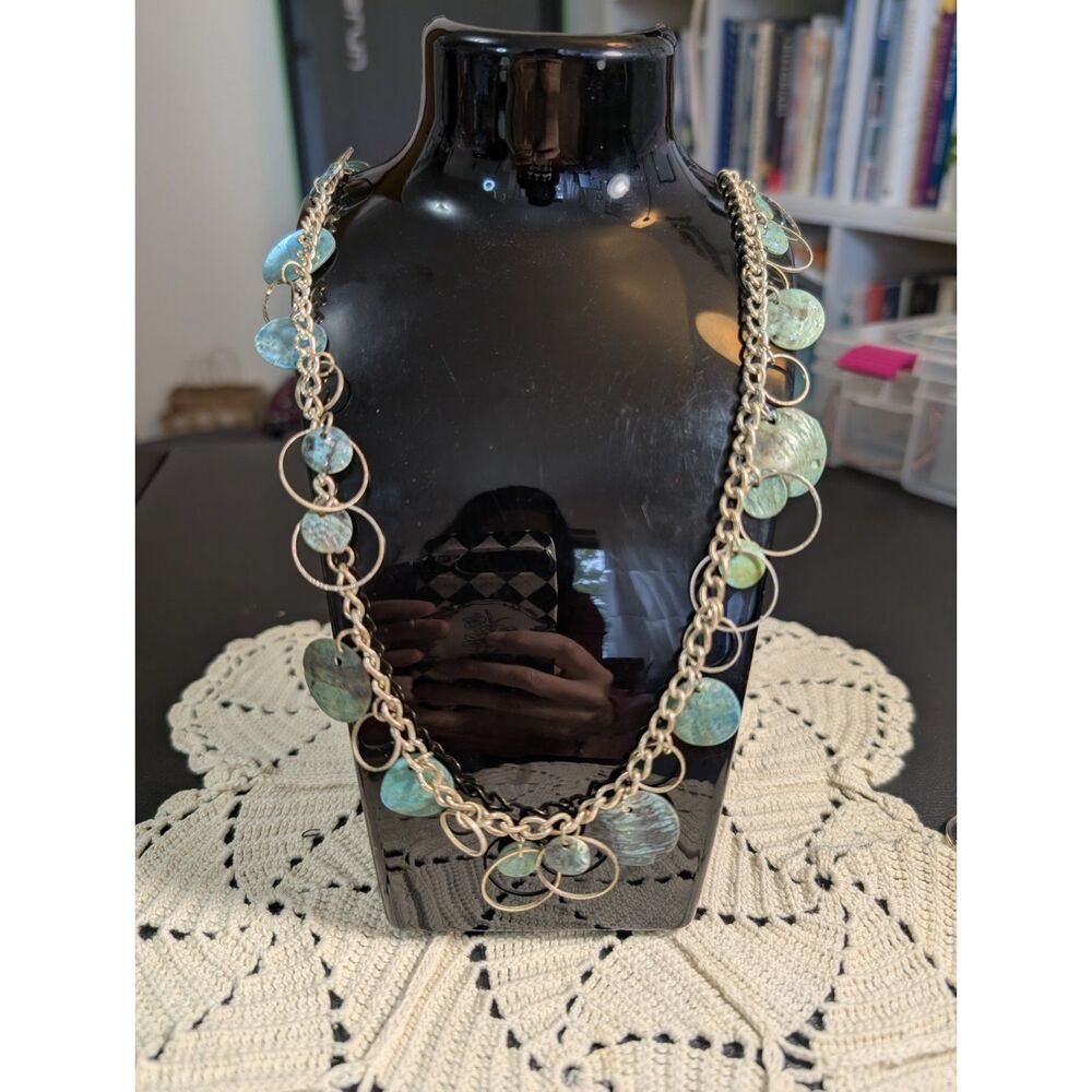 Vintage 28" Turquoise Capiz Shell Coin Necklace - Silver Tone Layering Boho